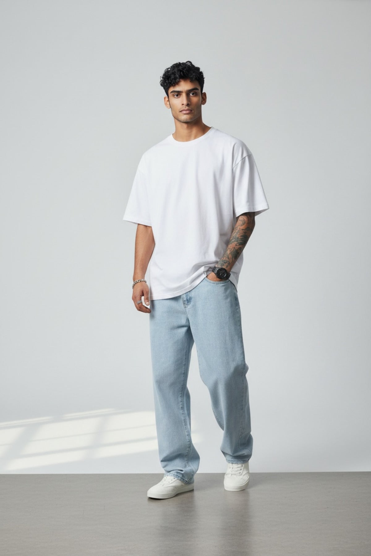 Erkek Açık Buz Regular Bol Kalıp Fit Denim Pantolon Rahat Kesim Günlük Şık Basic Düz Paça