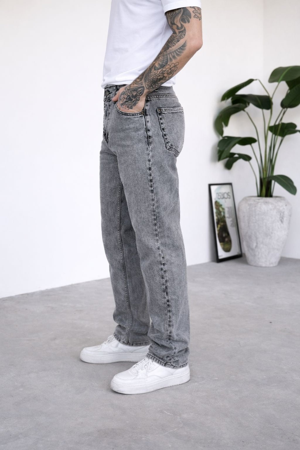 Erkek Gri Baggy Bol Kalıp Kot Pantolon