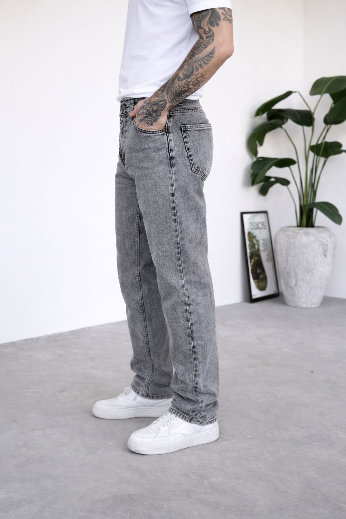 Erkek Gri Baggy Bol Kalıp Kot Pantolon