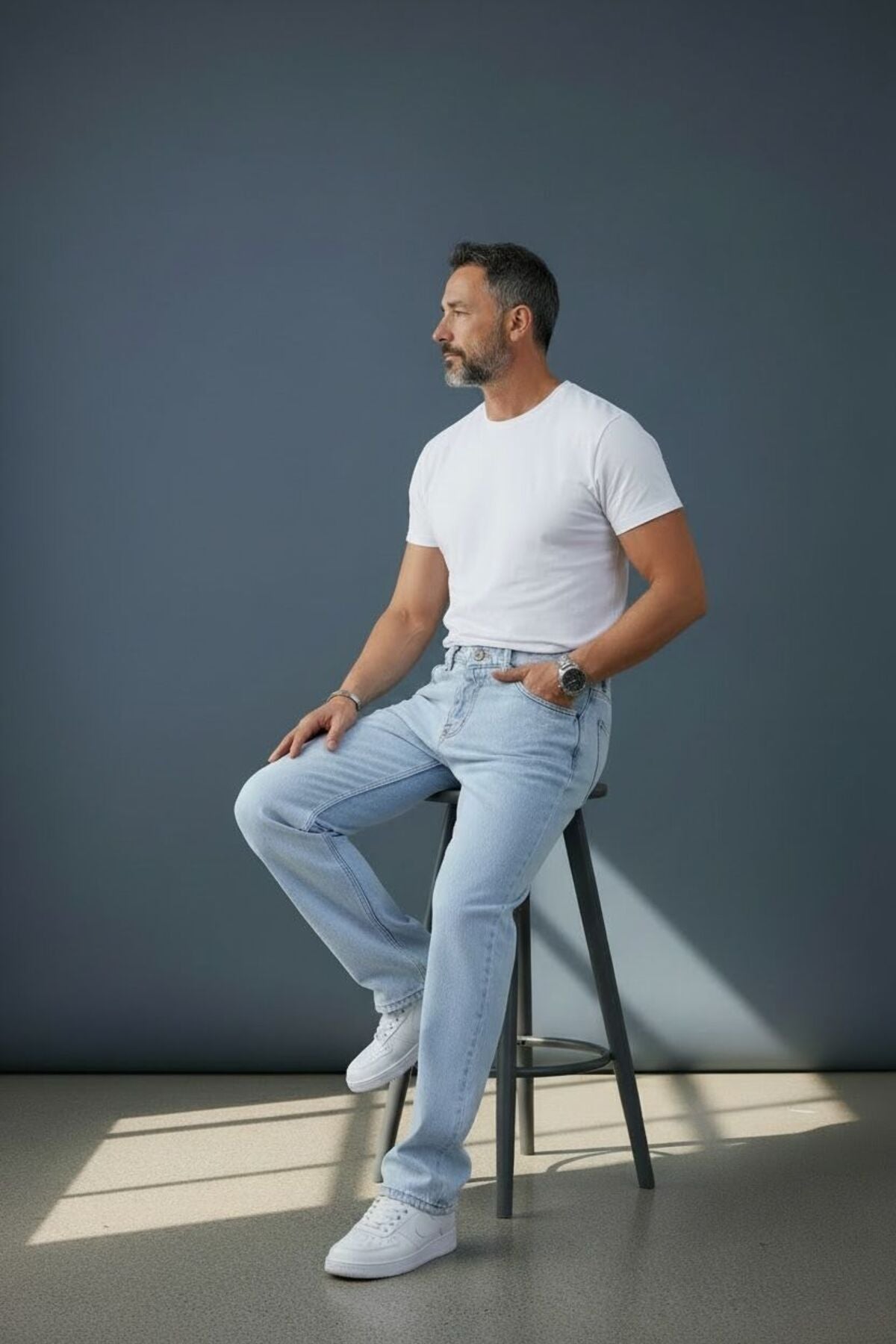 Erkek Açık Mavi Wide Leg Jean Pantolon Rahat Kalıp Yüksek Bel Bol Kesim Denim Pantolon