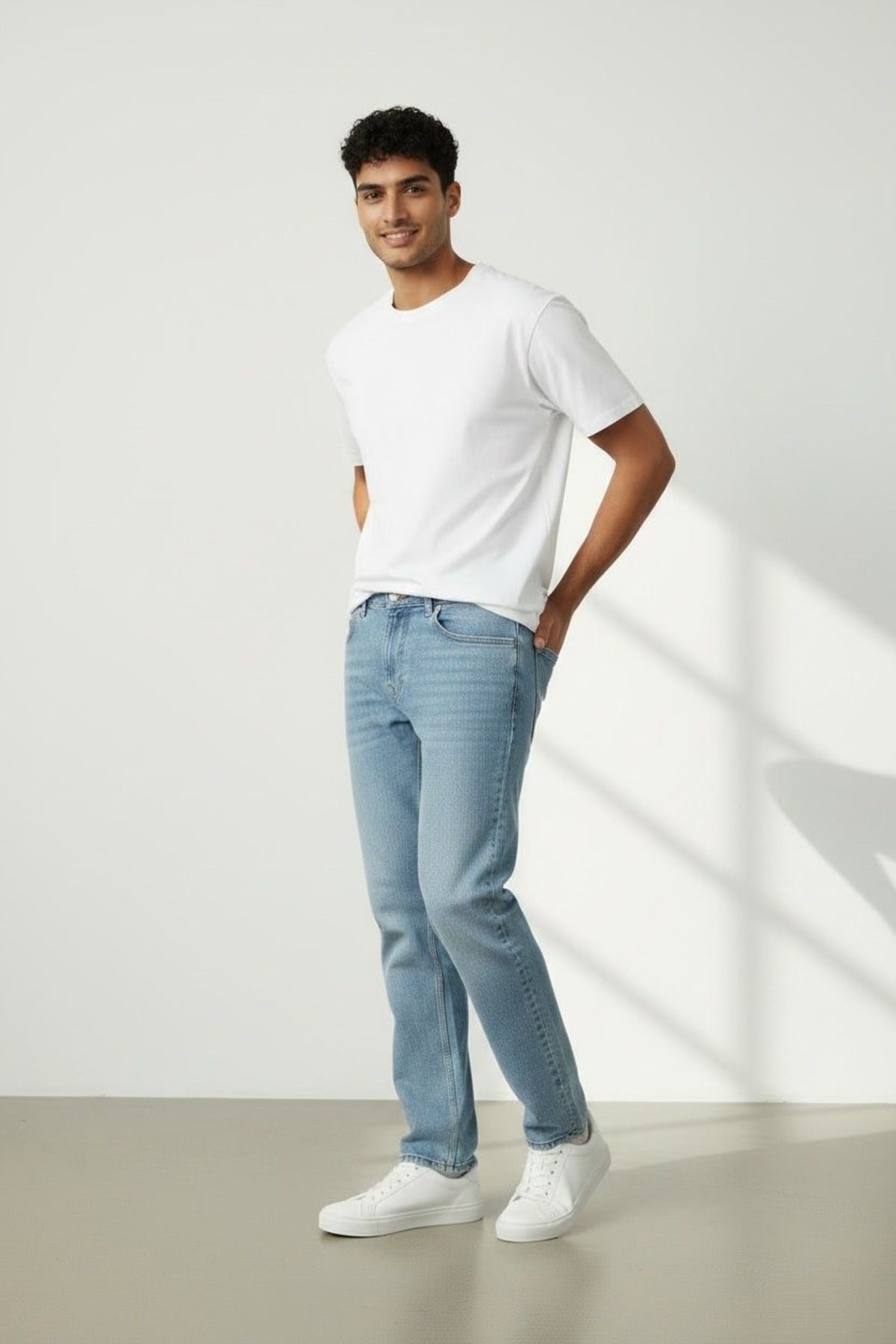 Erkek Açık Mavi Straight Fit Jean Pantolon Günlük Rahat Kesim Denim Pantolon