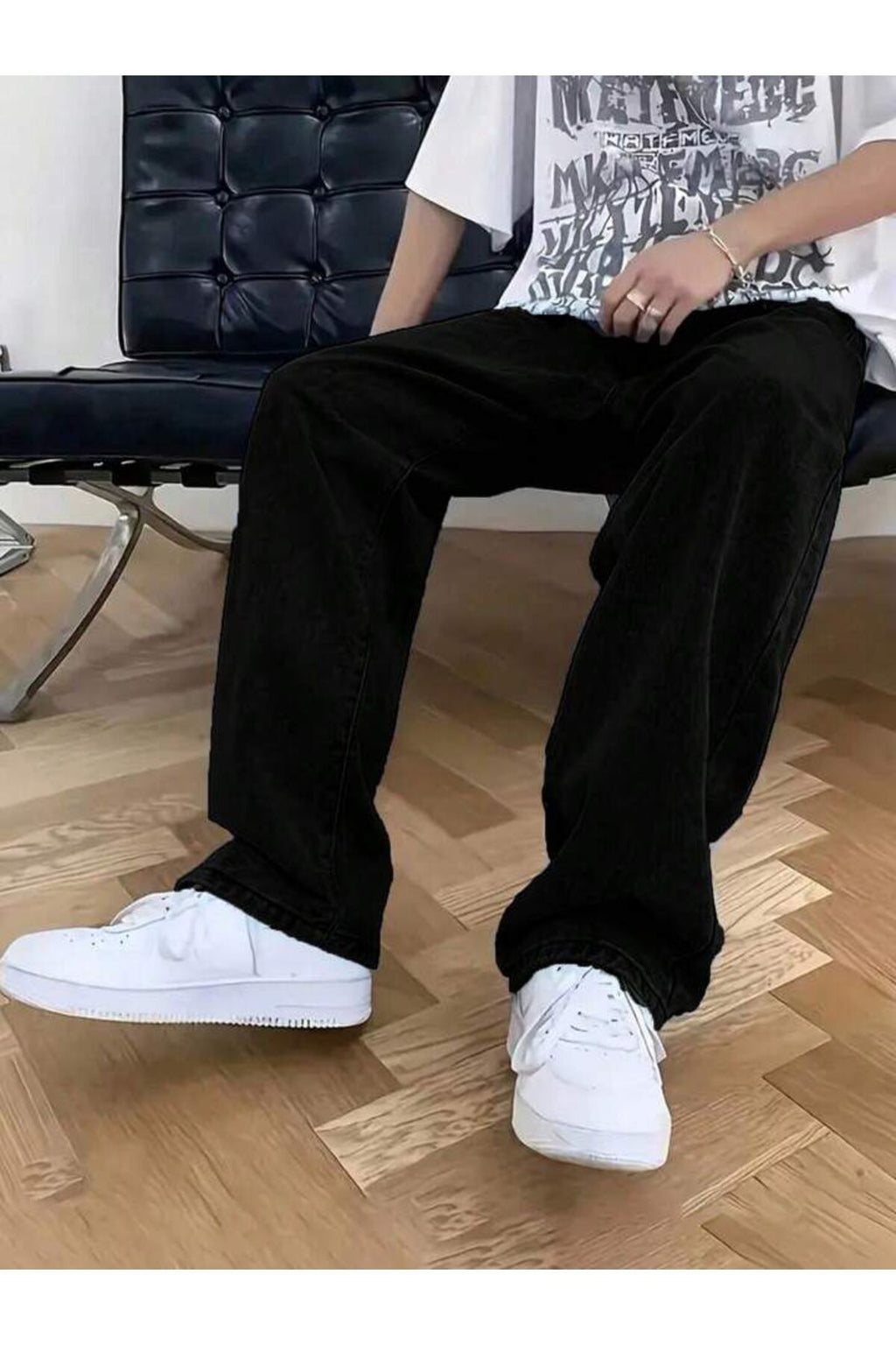 Erkek Siyah Straight Baggy Fit Likrasız Rahat Kesim Kot Pantolon Jean