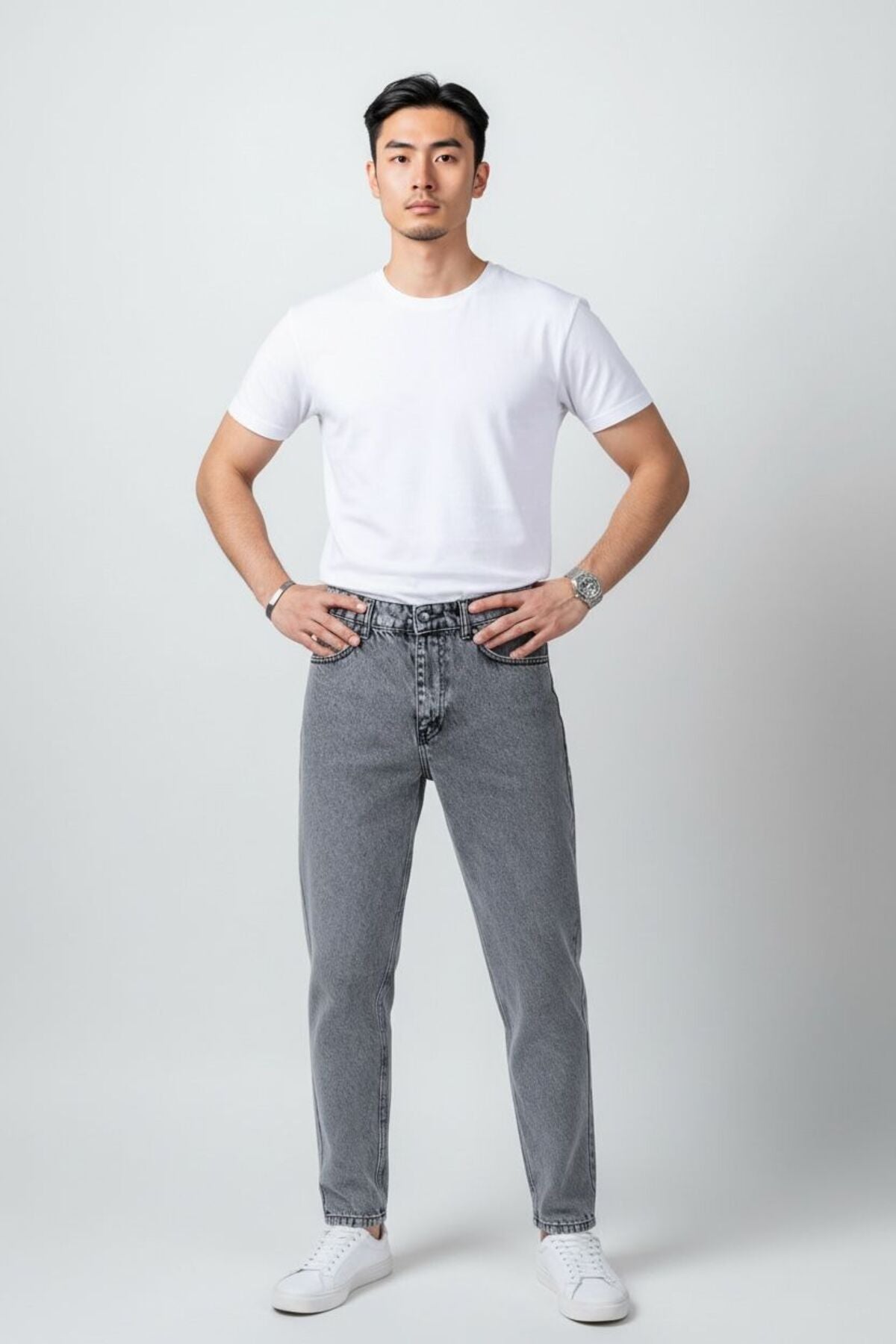 Erkek Gri Yıkamalı Kot Pantolon Modern Kesim Rahat Kalıp Günlük Şık Denim