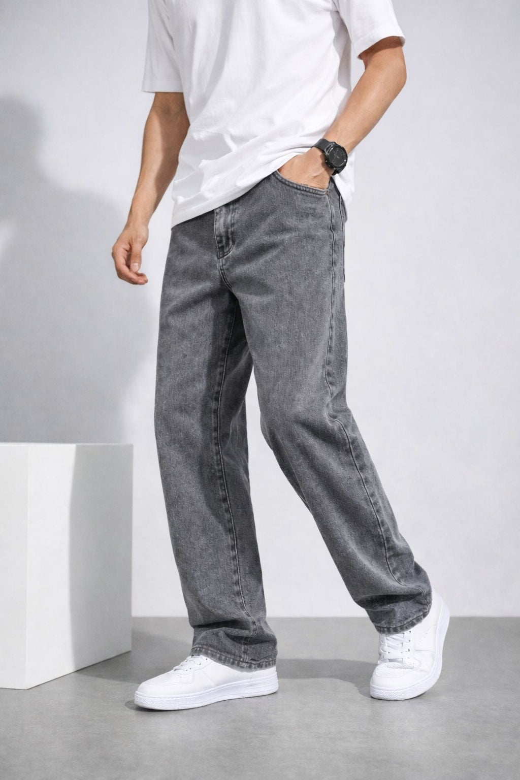 Erkek Gri Yıkamalı Baggy Jean Pantolon Rahat Kesim Günlük Şık Oversize Denim