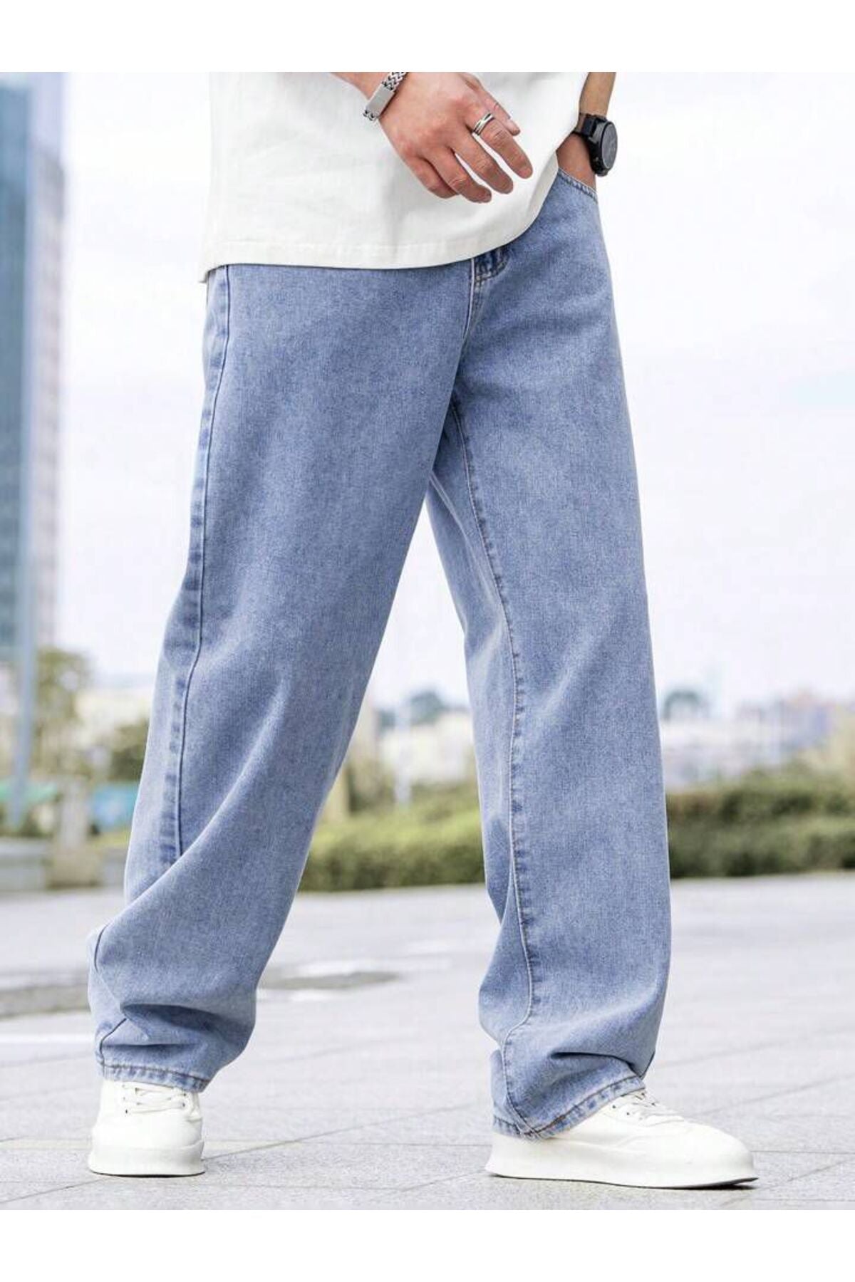 Erkek Kar Yıkama Straight Baggy Fit Likrasız Rahat Kesim Kot Pantolon Jean