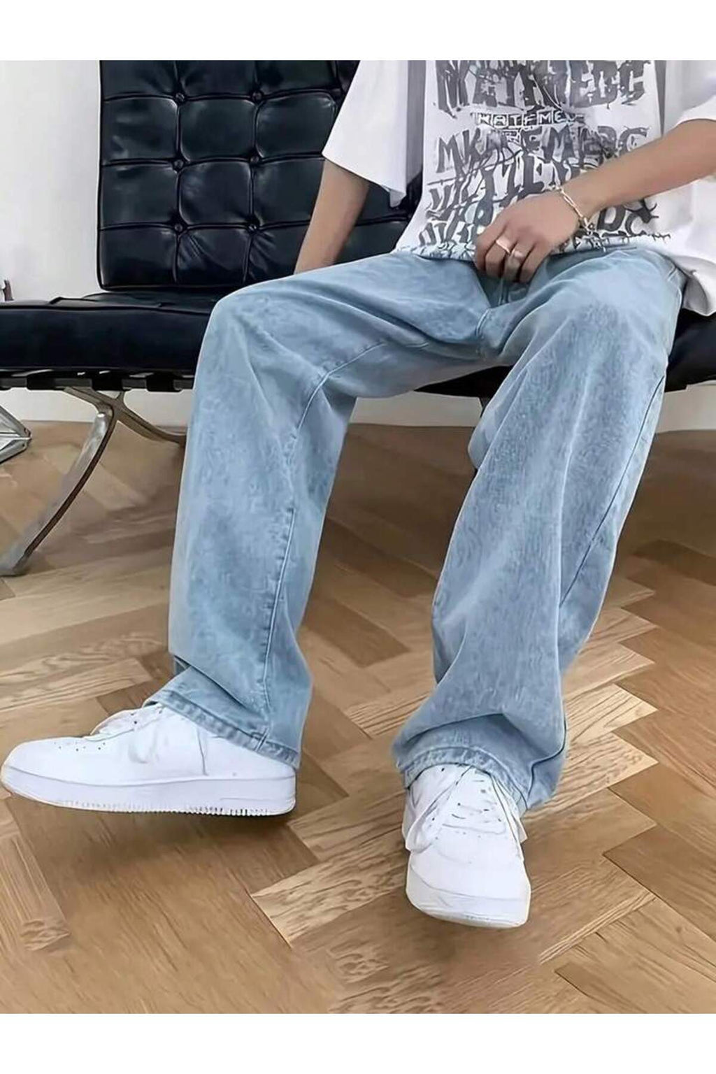 Erkek Baggy Fit Wide Leg Jean Pantolon Normal Bel Oversize Bol Kalıp Denim