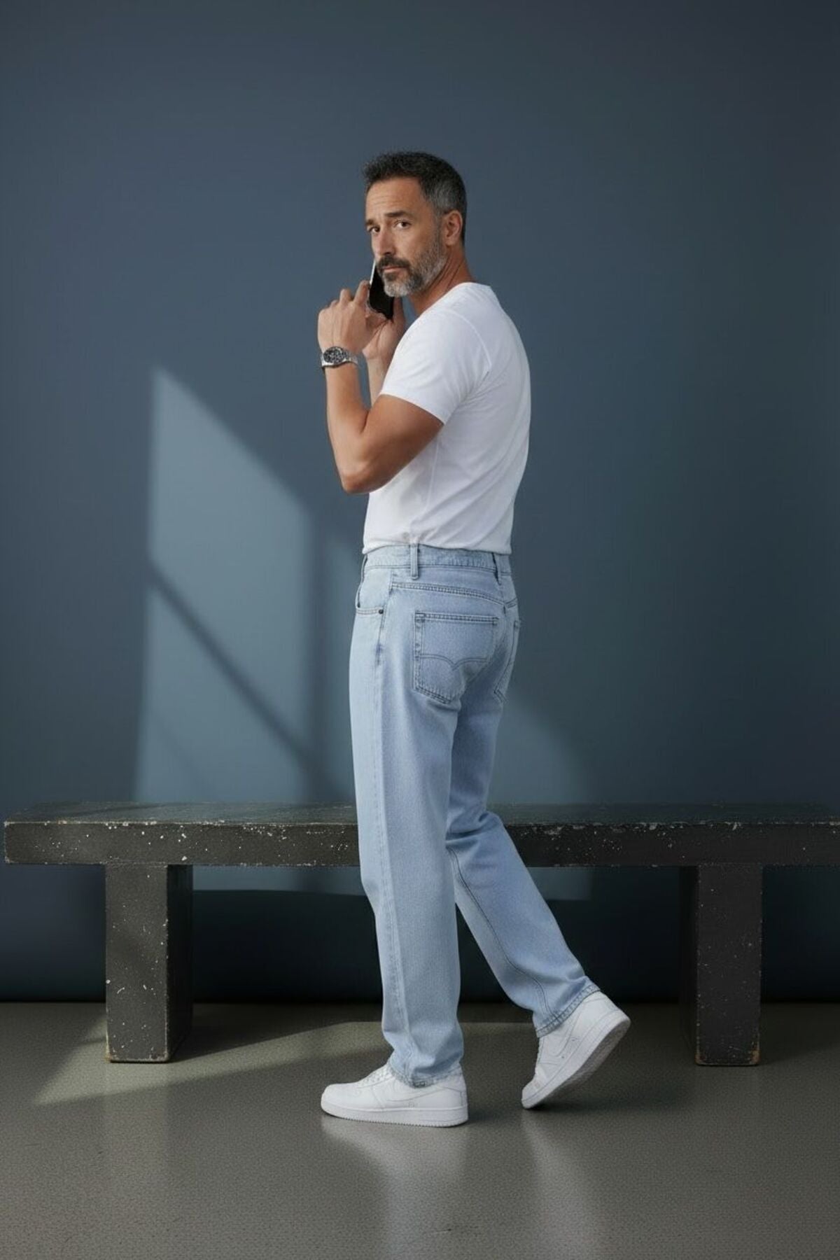 Erkek Açık Mavi Wide Leg Jean Pantolon Rahat Kalıp Yüksek Bel Bol Kesim Denim Pantolon