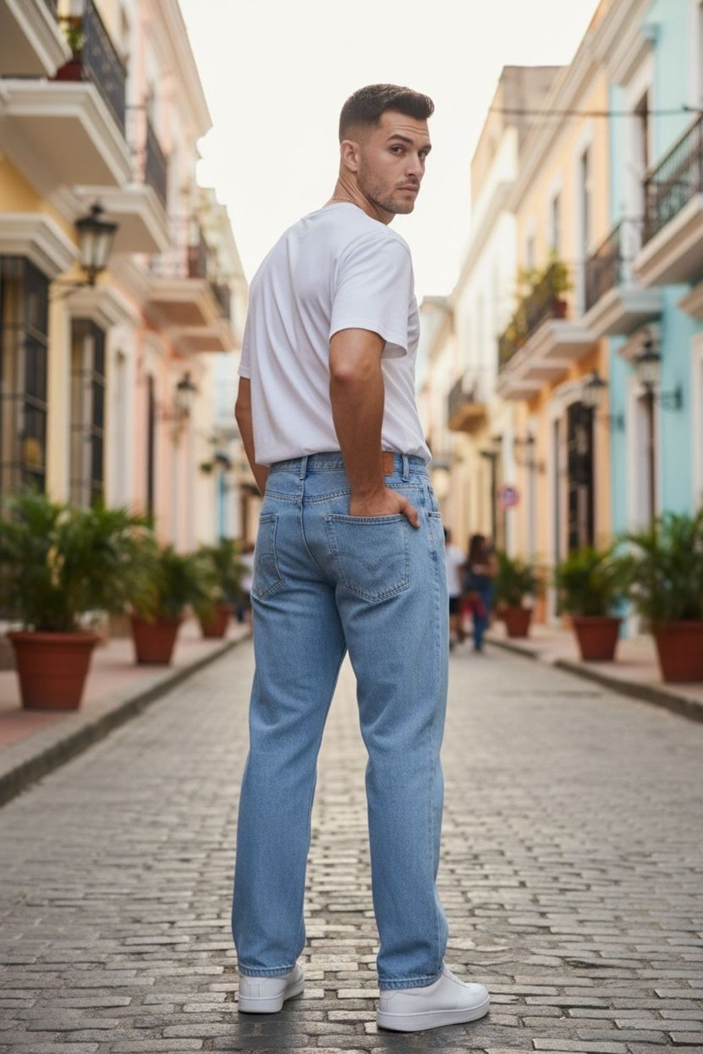 Erkek Açık Mavi Relaxed Fit Denim Pantolon Sokak Stili Jean