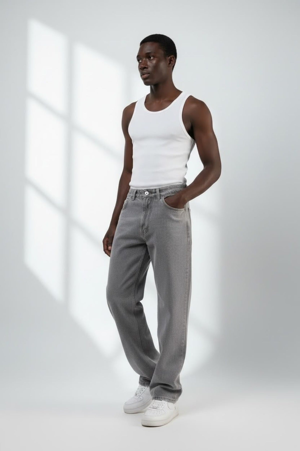 Erkek Baggy Bol Kesim Kot Pantolon Jeans Gri