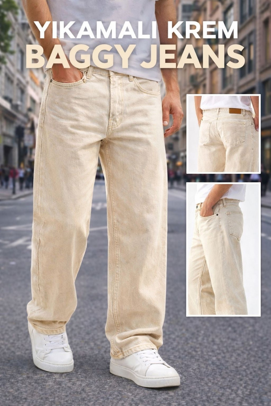 Erkek yıkamalı krem baggy jean pantolon günlük rahat kesim