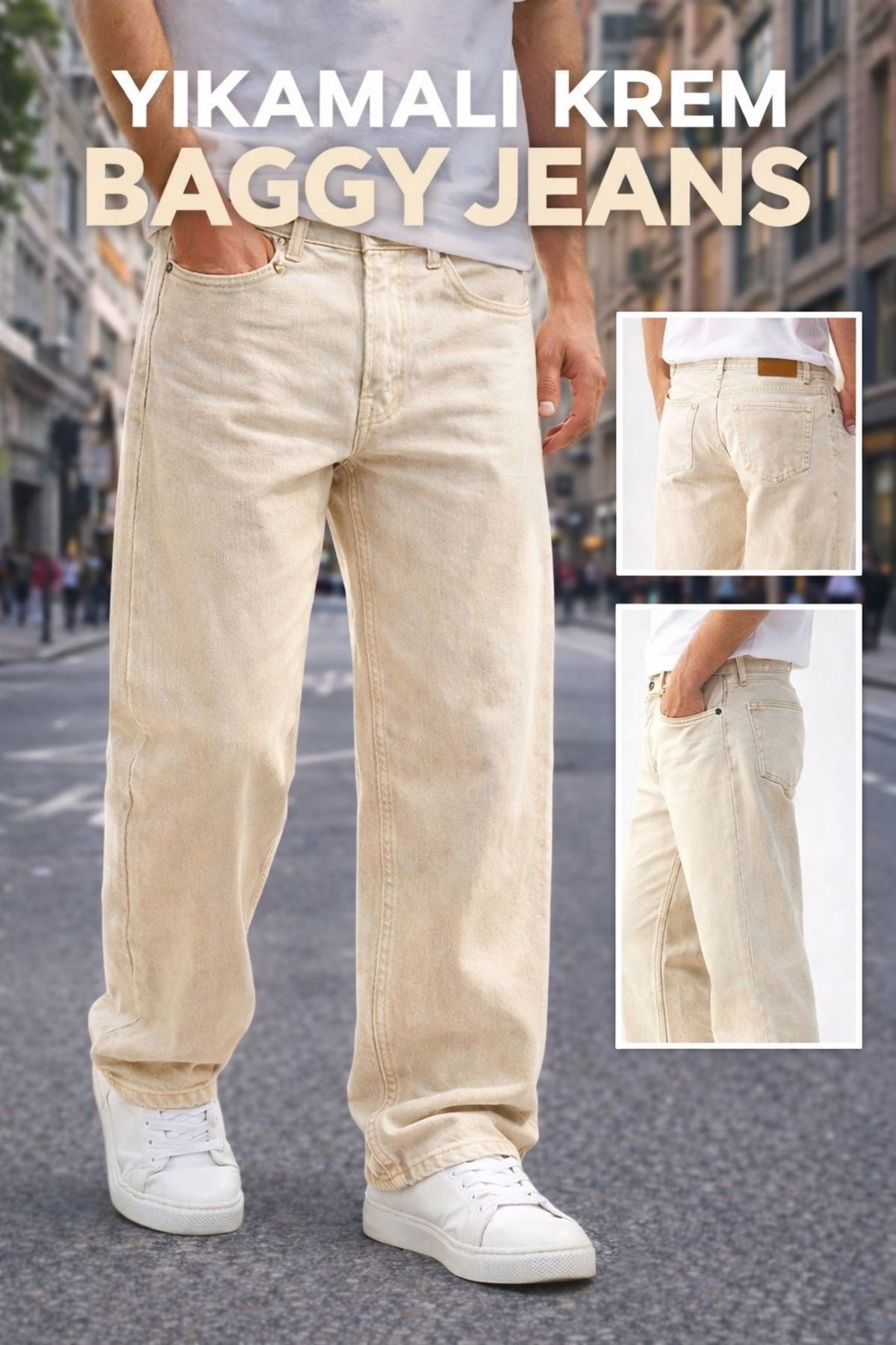 Erkek yıkamalı krem baggy jean pantolon günlük rahat kesim