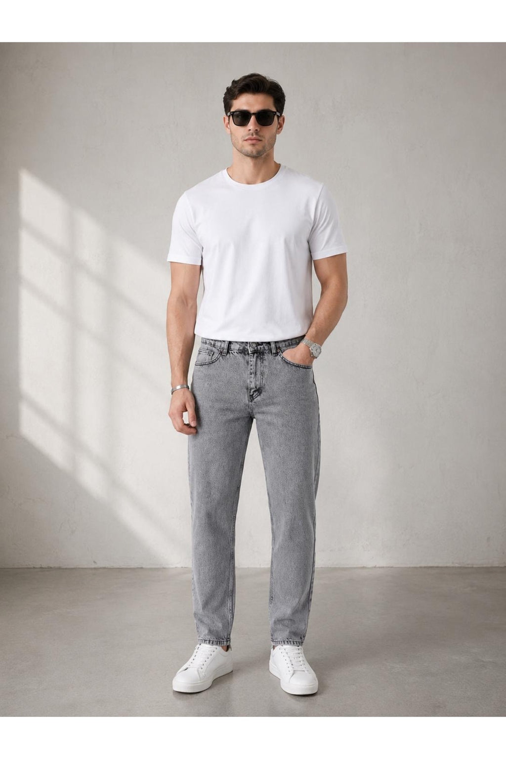 Erkek Gri Boyfriend Jean Pantolon Rahat Kalıp Streetwear Denim Pantolon