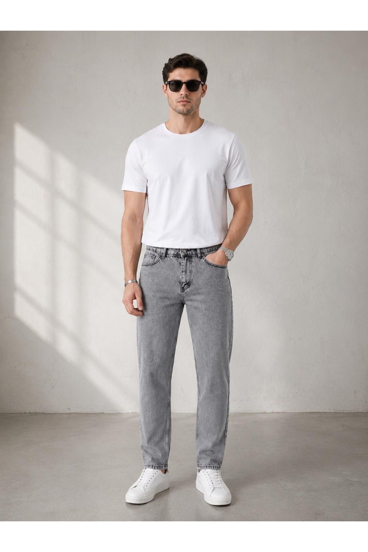 Erkek Gri Boyfriend Jean Pantolon Rahat Kalıp Streetwear Denim Pantolon