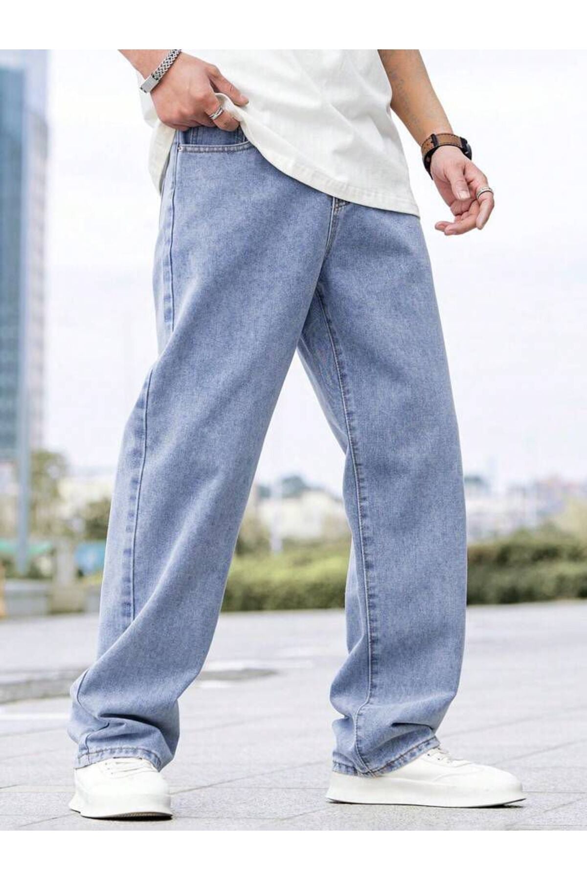 Erkek Kar Yıkama Straight Baggy Fit Likrasız Rahat Kesim Kot Pantolon Jean